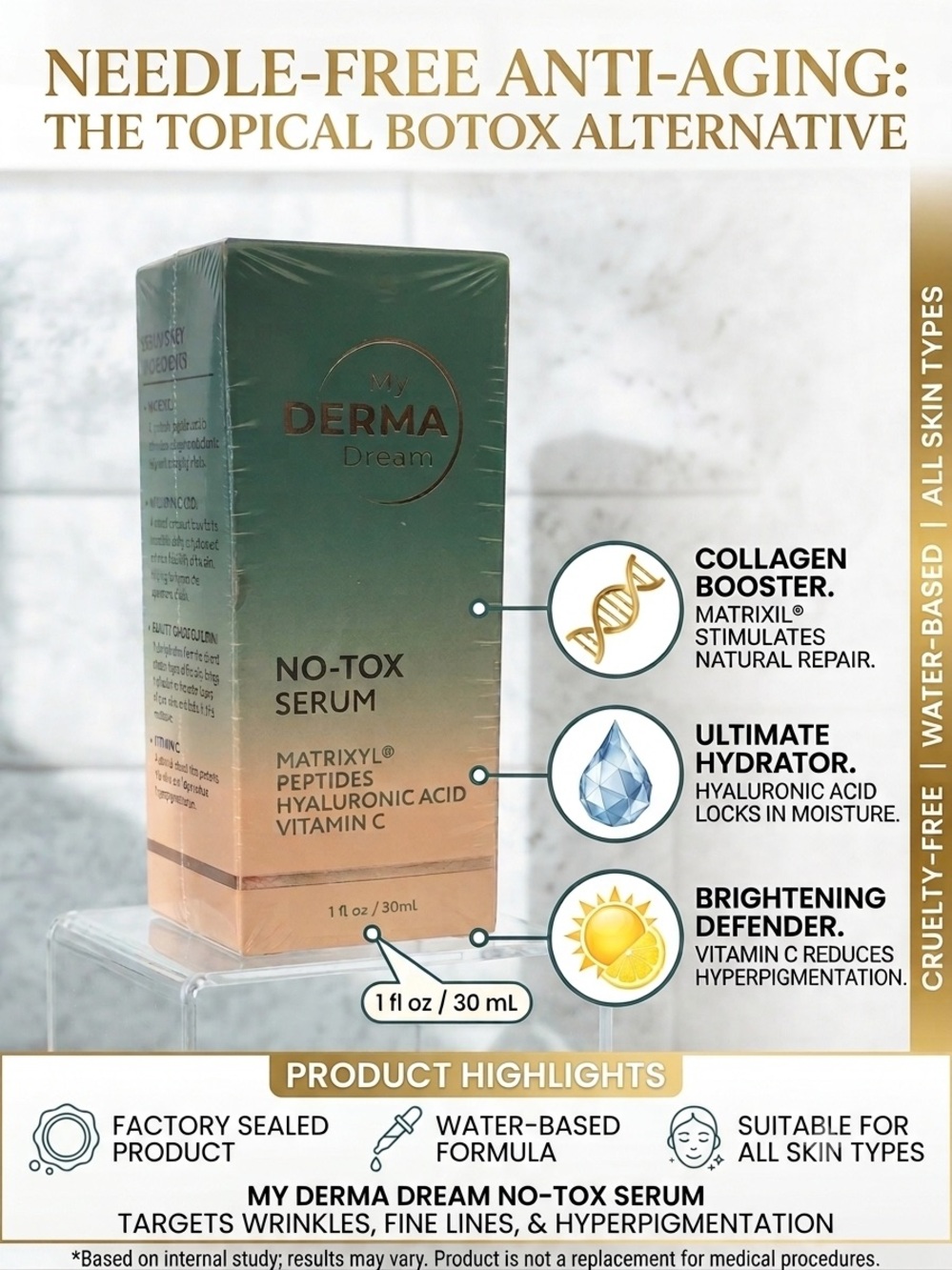 MY DERMA DREAM Women's No-Tox Serum Matrixyl Peptides Hyaluronic Acid Vitamin C